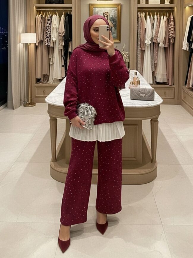 Taşlı Oysho İkili Takım TK100291 - Bordo