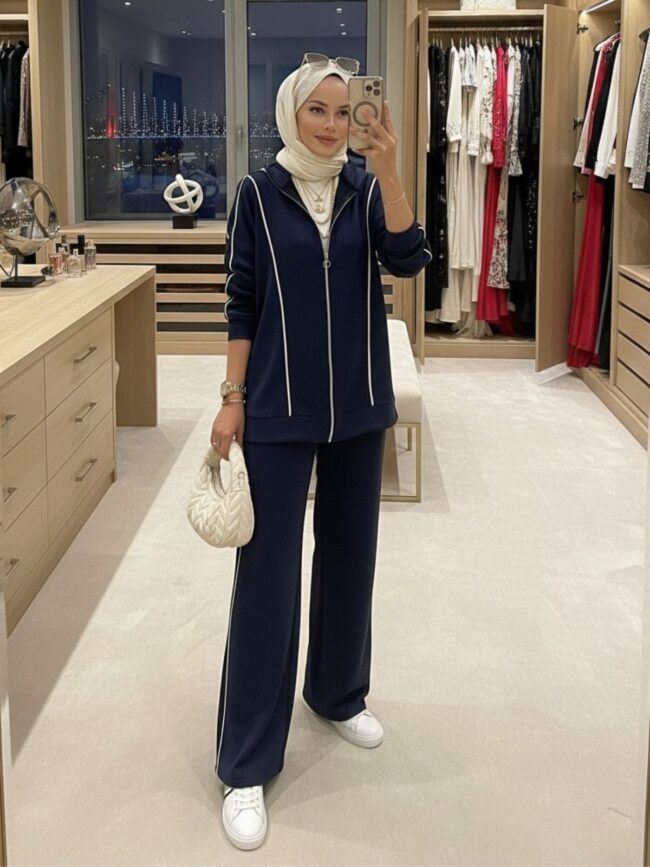 Premium Oysho Şeritli İkili Takım TK100244  - Lacivert