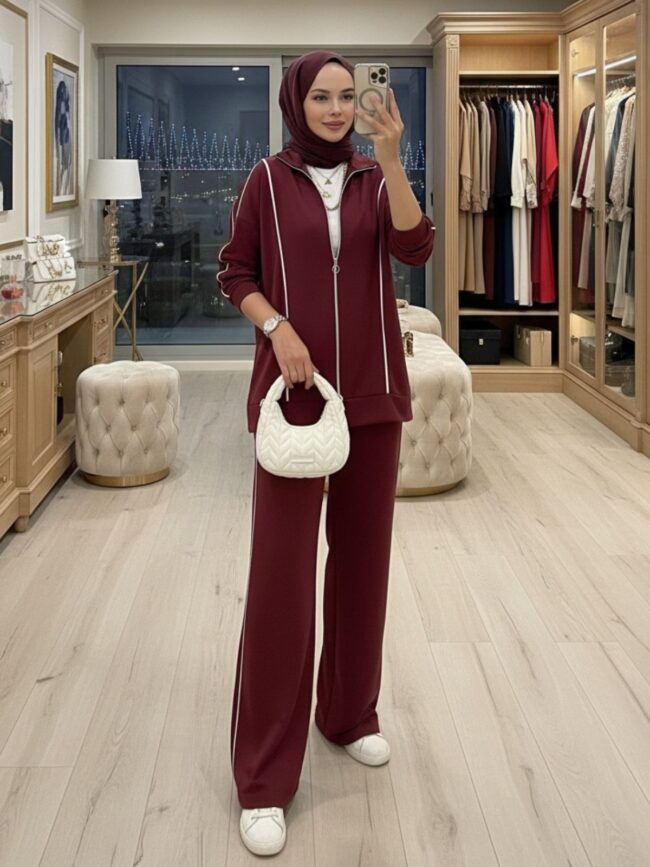 Premium Oysho Şeritli İkili Takım TK100244  -Bordo