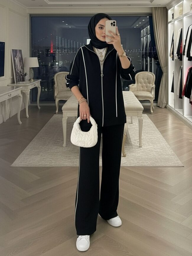 Premium Oysho Şeritli İkili Takım TK100244  - Siyah