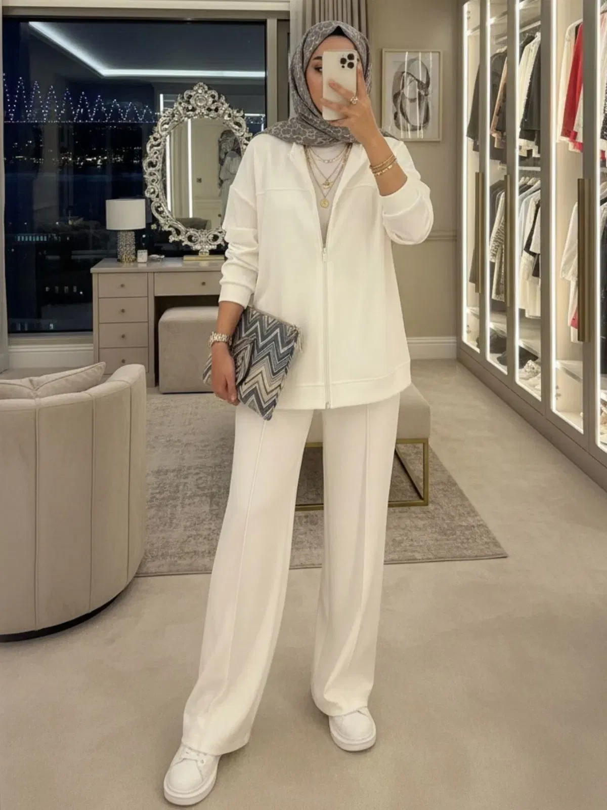 Premium Fermuarlı Basic İkili Takım TK2962  - Beyaz İnci - Görsel 2