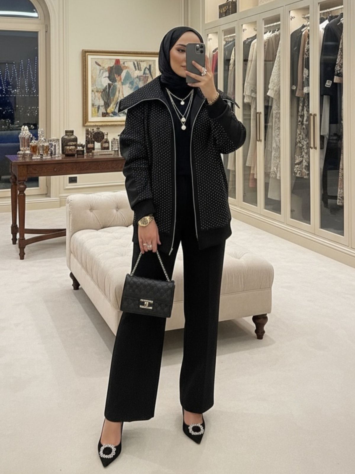 Kamelya Taş İşlemeli İkili Takım TK100369 -  Siyah