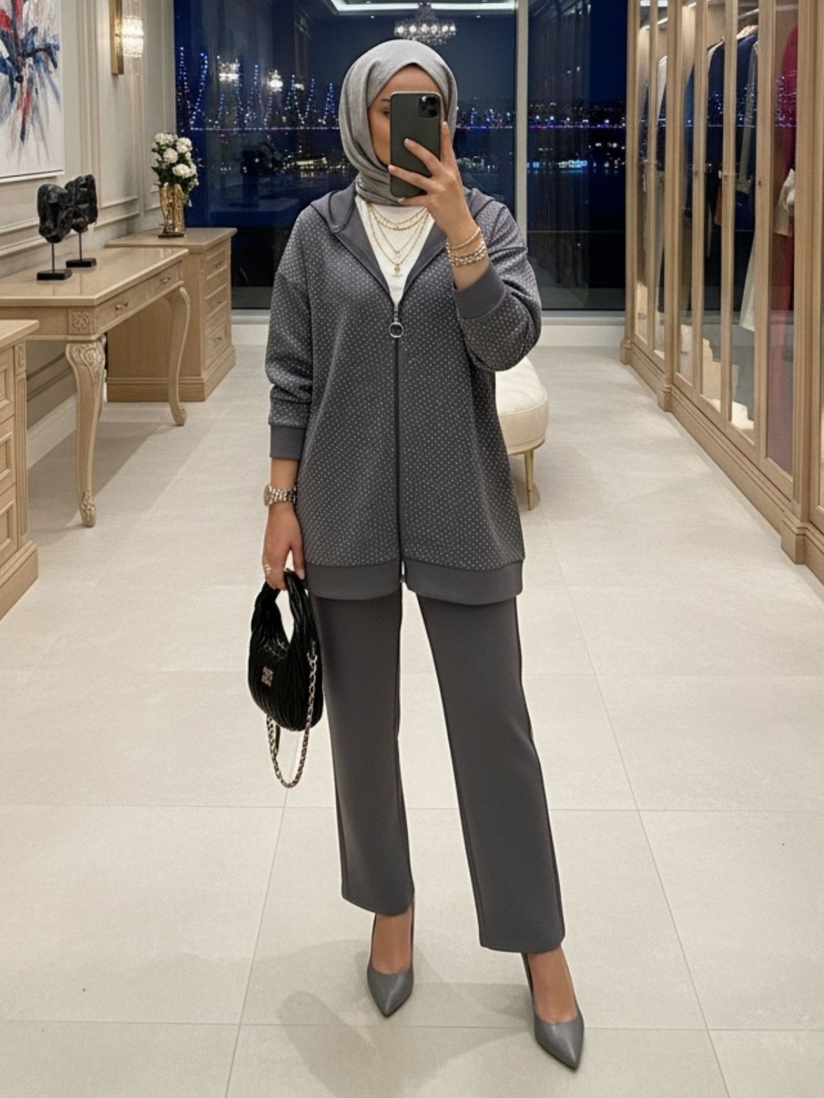 Kalve Taş İşlemeli İkili Takım TK100296 - Gri