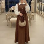 Milla Çizgili Jile Elbise (Şal Hediye) ELB100404 – Taba
