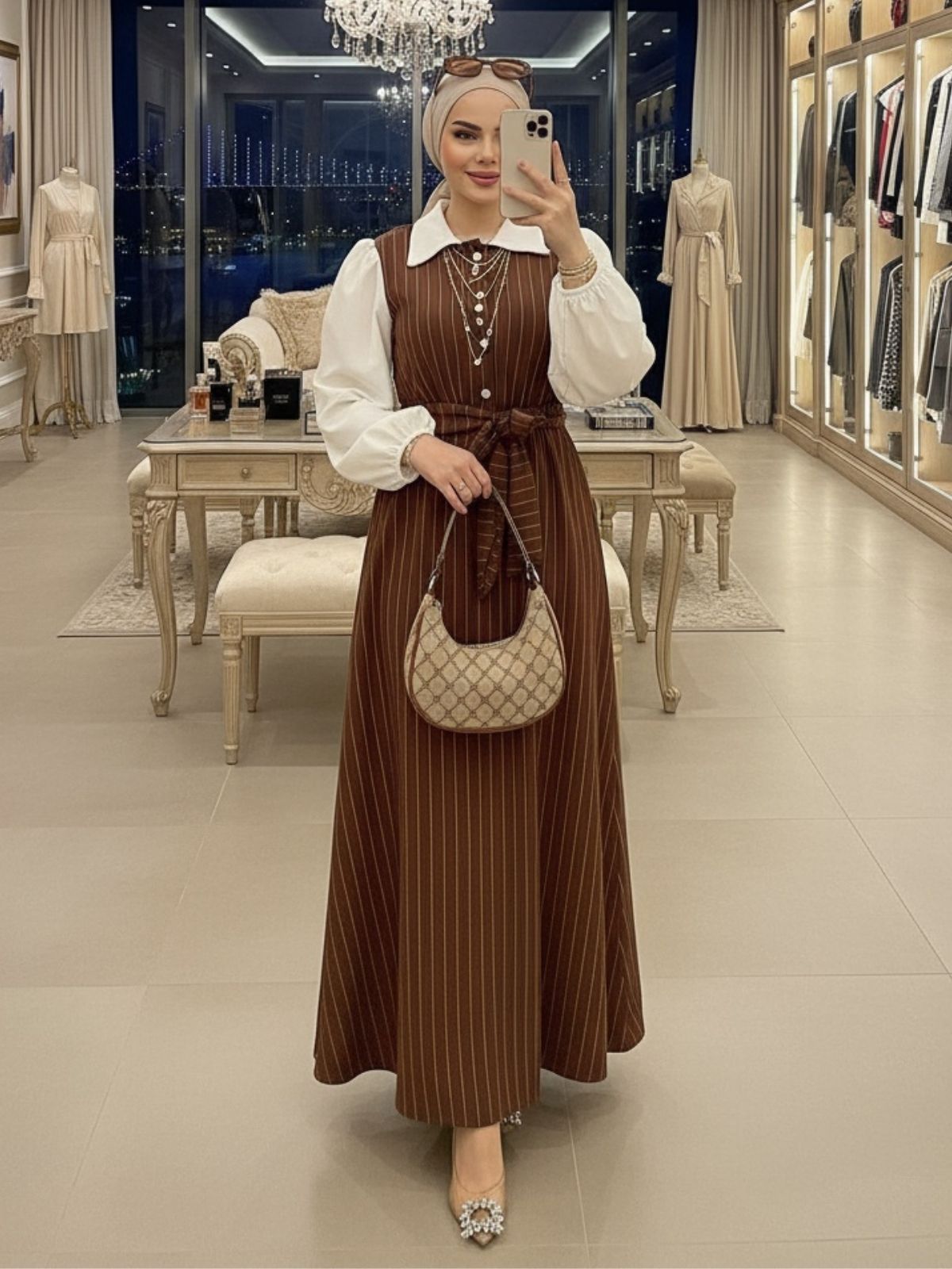Milla Çizgili Jile Elbise (Şal Hediye) ELB100404 – Taba