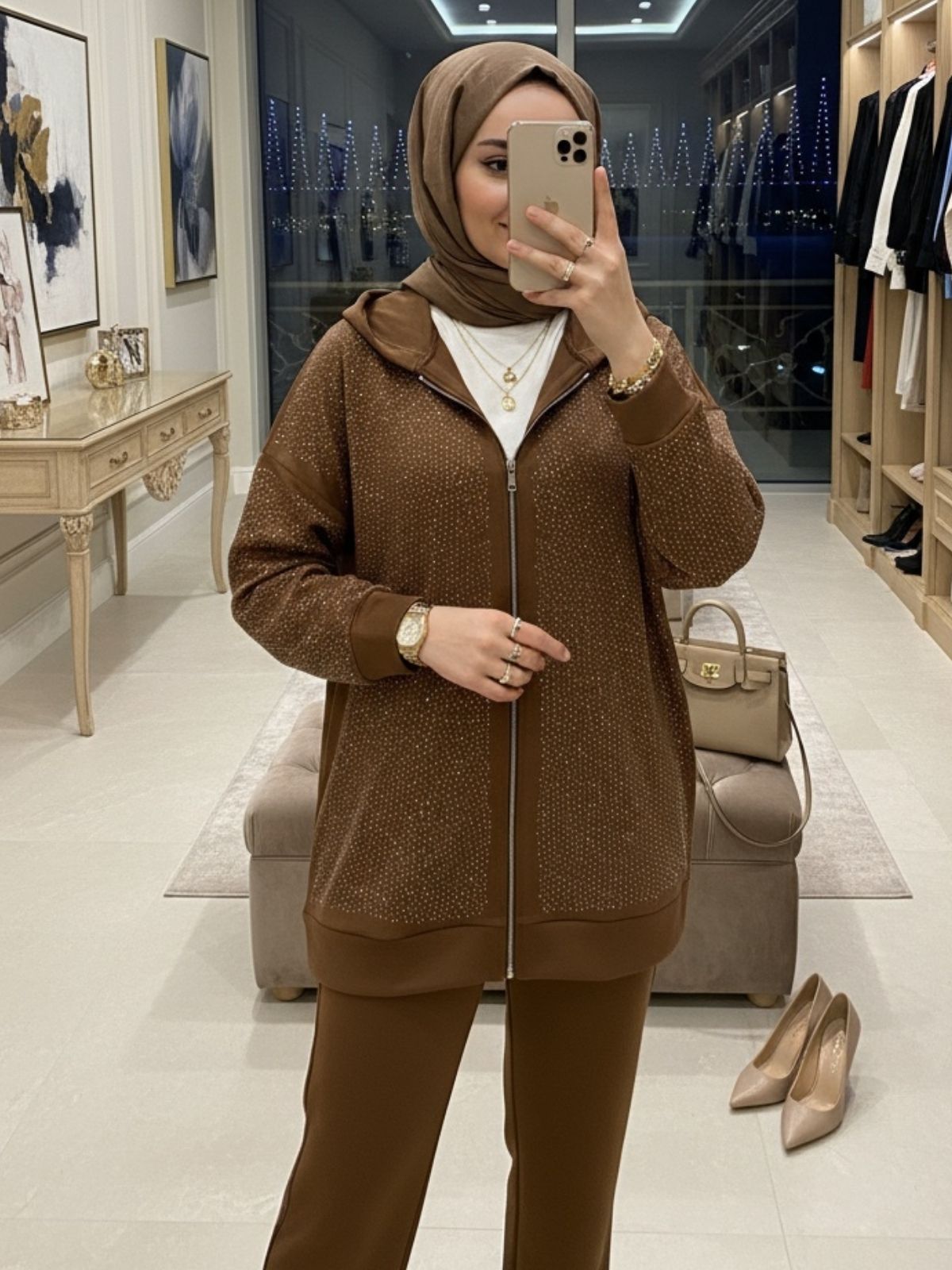 Kalve Taş İşlemeli İkili Takım TK100296 - Kahve - Görsel 2