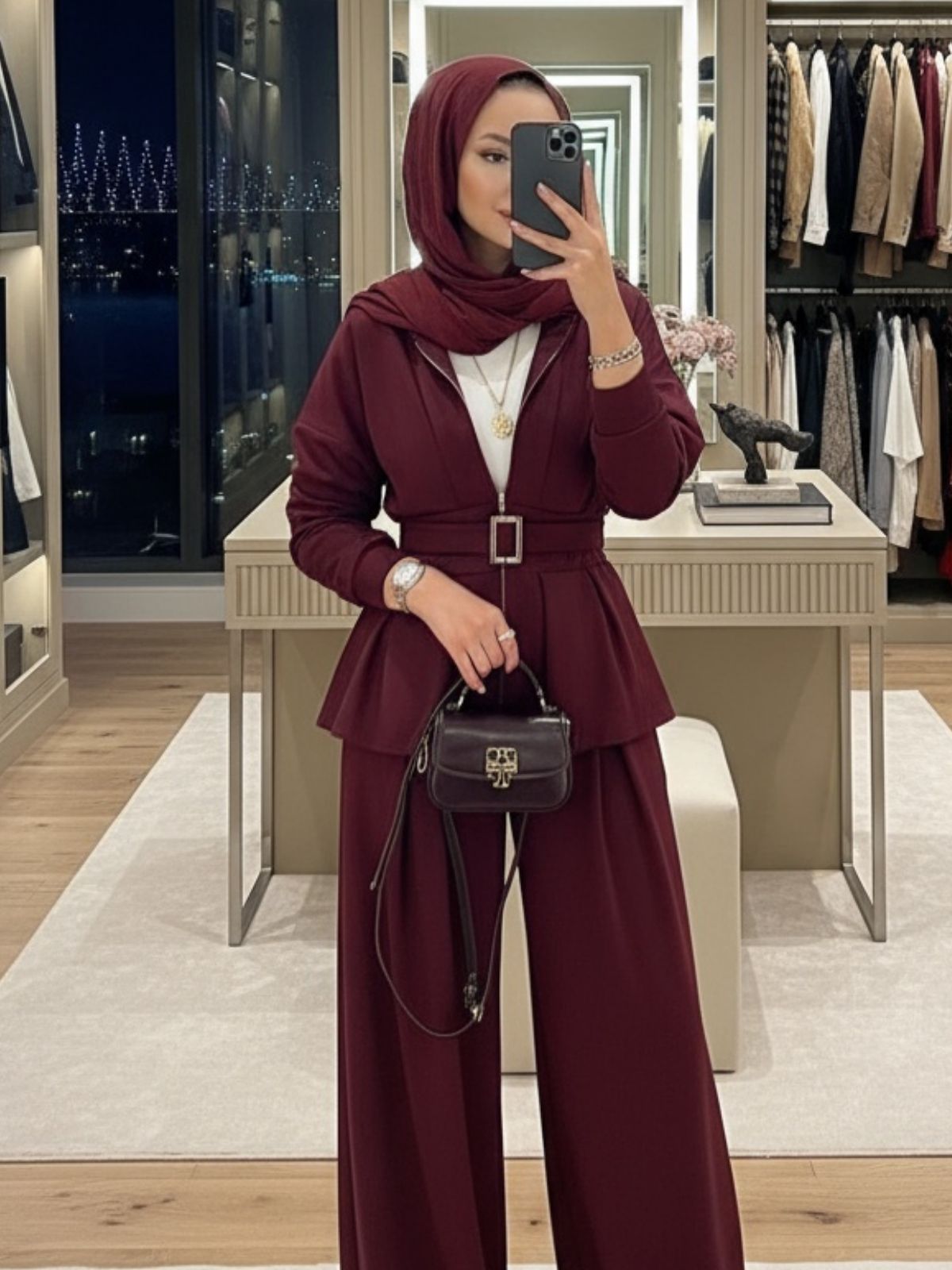 Oysho Premium Kemer Detay Palazzo İkili Takım TK2975  -Bordo - Görsel 2