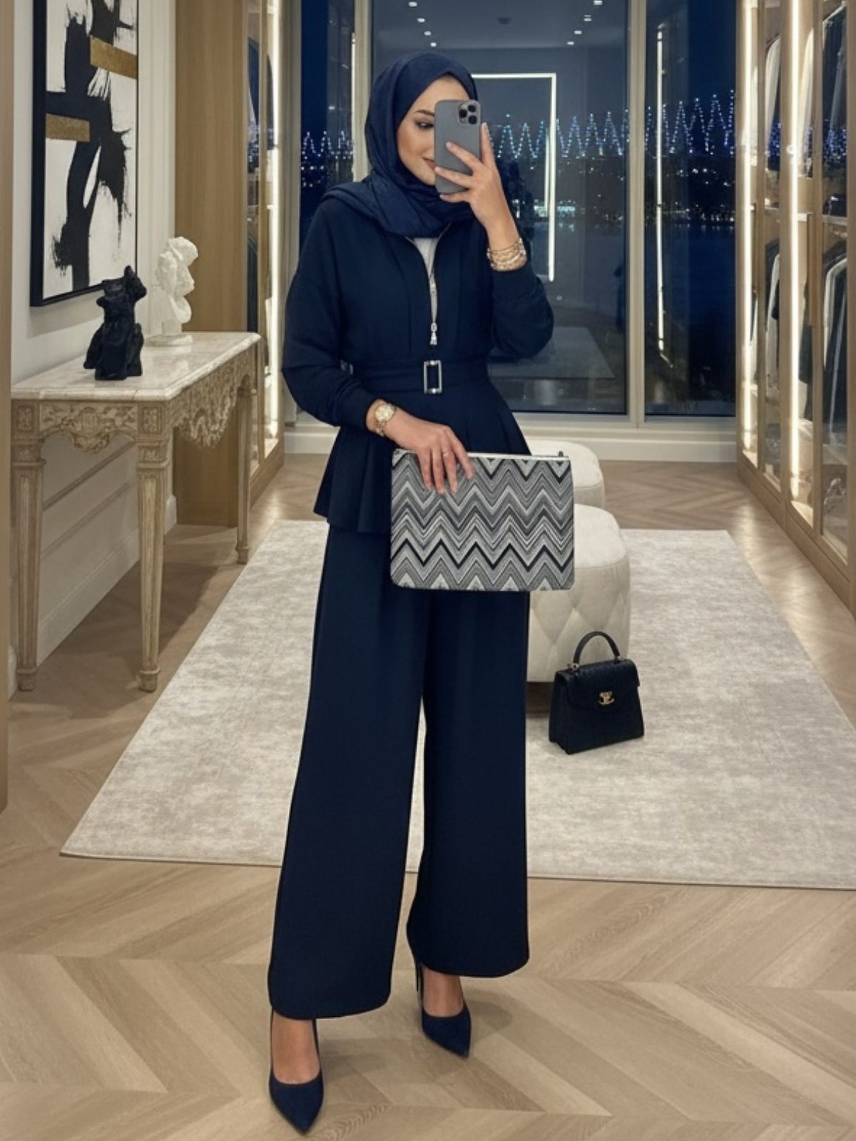 Oysho Premium Kemer Detay Palazzo İkili Takım TK2975 - Lacivert