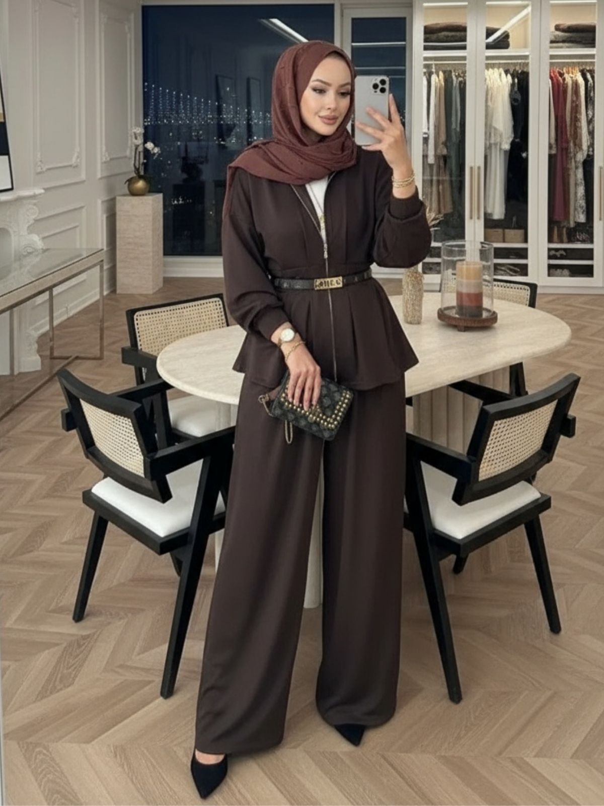 Oysho Premium Kemer Detay Palazzo İkili Takım TK2975  - Acı Kahve