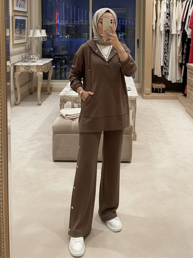 Premium Oysho Çıtçıtlı İkili Takım TK100242 - Kahve