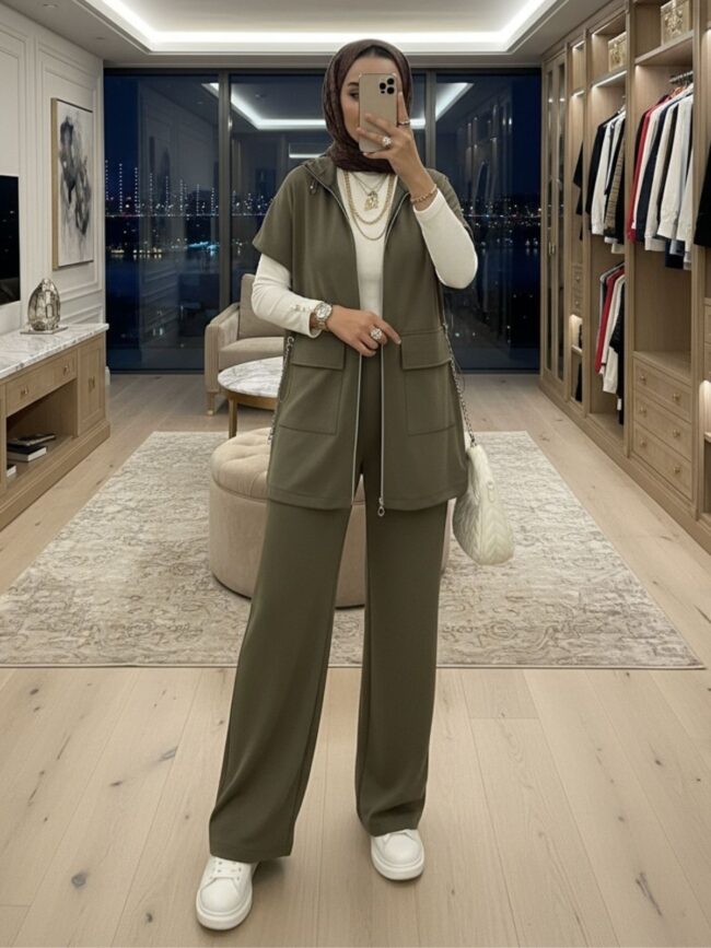 Premium Oysho Yelekli İkili Takım TK100249 - Haki