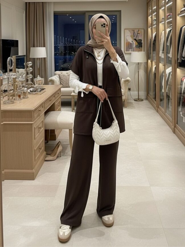 Premium Oysho Yelekli İkili Takım TK100249 - Acı Kahve