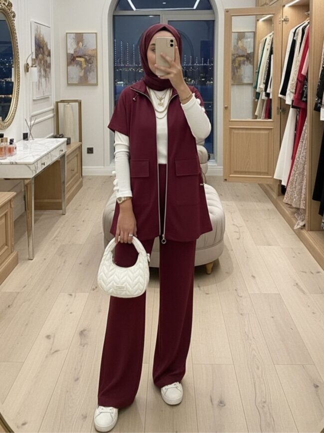 Premium Oysho Yelekli İkili Takım TK100249 - Bordo