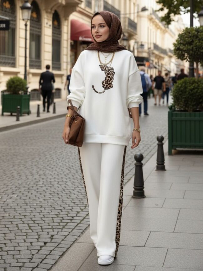 Leopar Nakışlı Şardonlu İkili Takım TK100258 - Beyaz