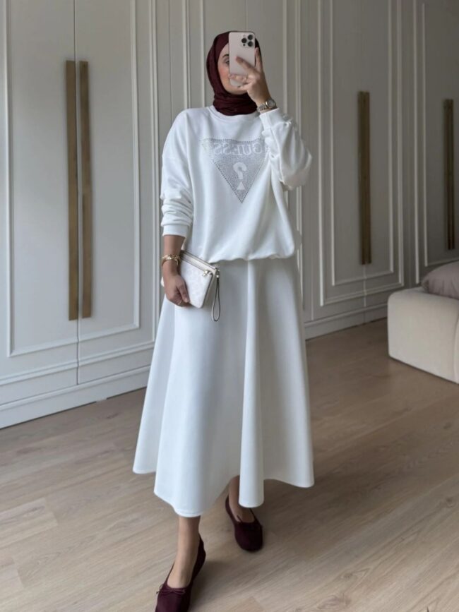 Ges Taş Detay Sweat (ŞAL HEDİYE) SWT100432- Beyaz