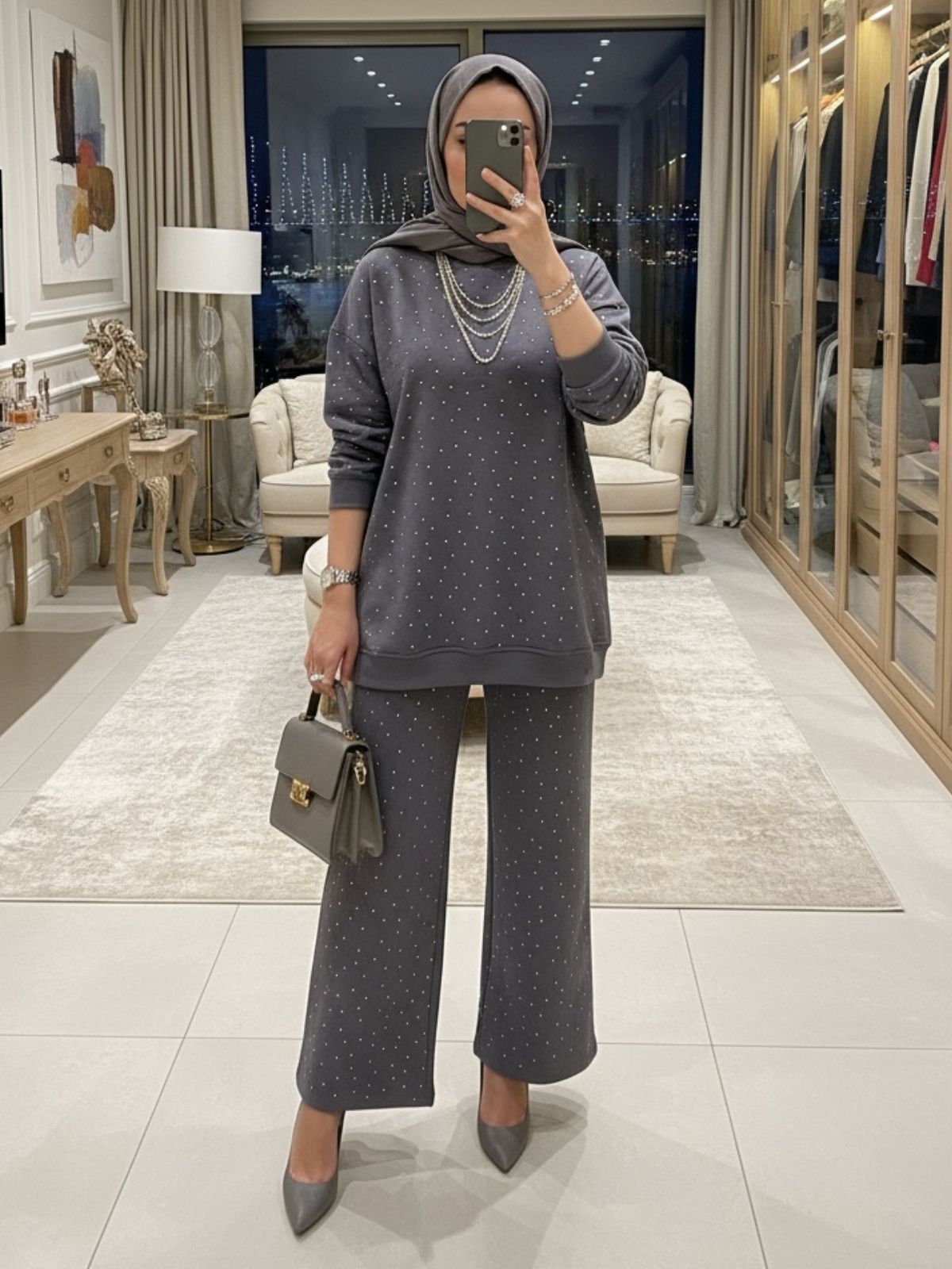 Taşlı Oysho İkili Takım TK100291 - Füme