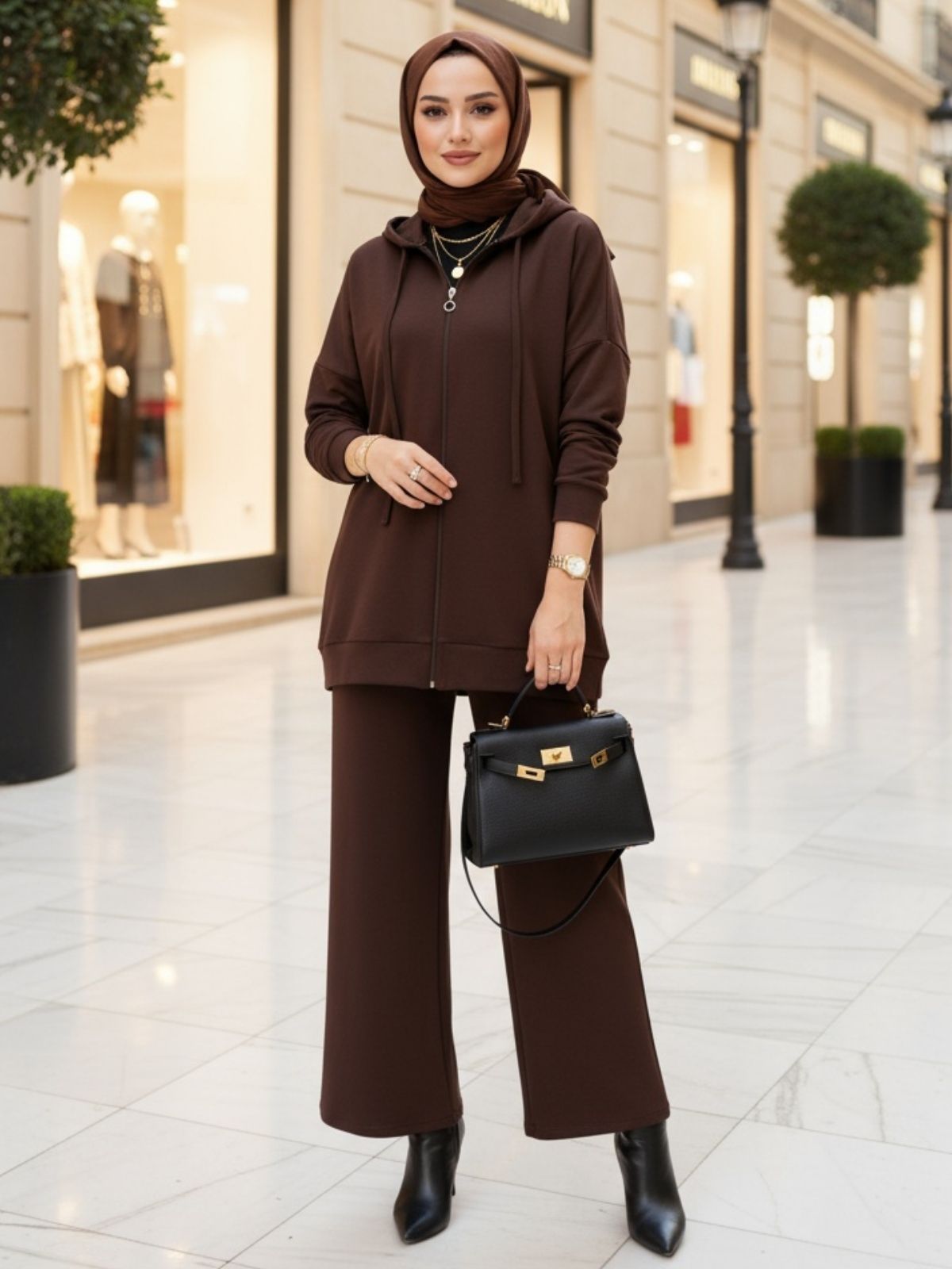 Premium Fermuarlı Basic İkili Takım TK2962  - Acı Kahve