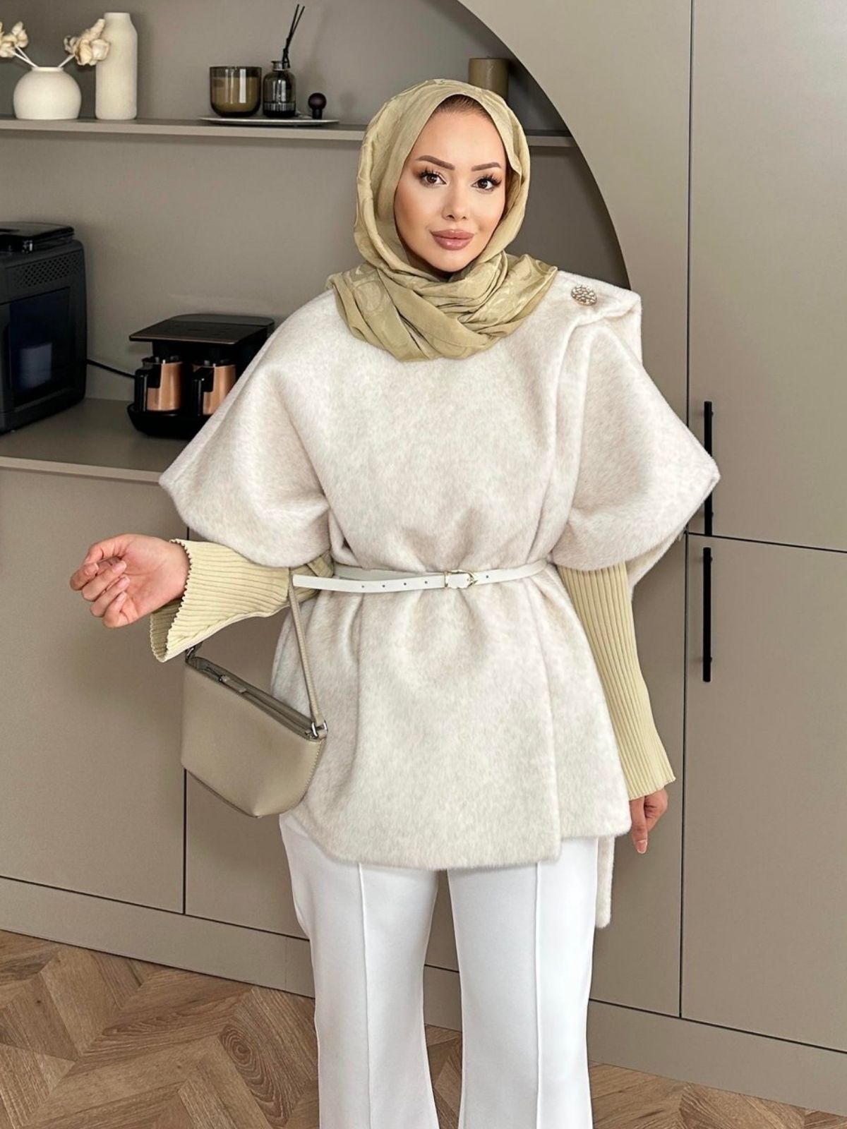 Şal Detaylı Kaban (Kemer Hediyeli)  DŞ100433 - Ekru