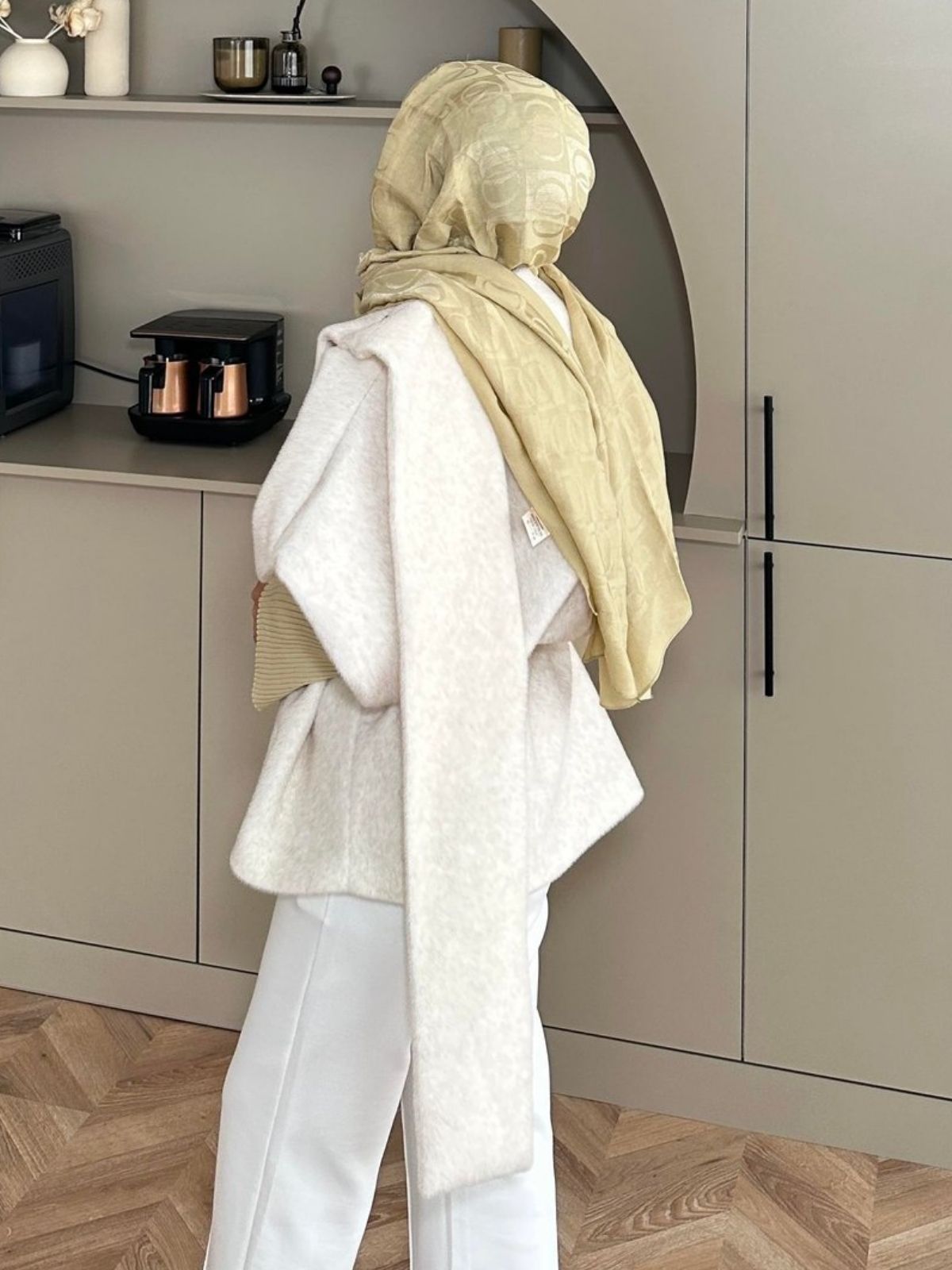 Şal Detaylı Kaban (Kemer Hediyeli)  DŞ100433 - Ekru - Görsel 2