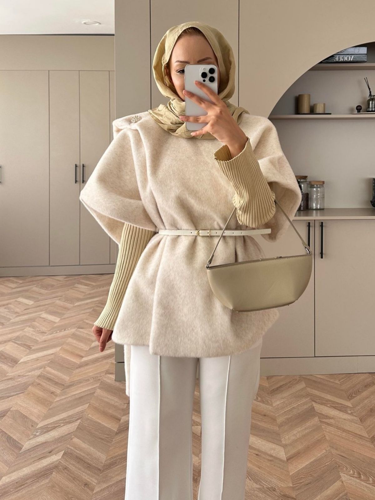 Şal Detaylı Kaban (Kemer Hediyeli)  DŞ100433 - Ekru - Görsel 4