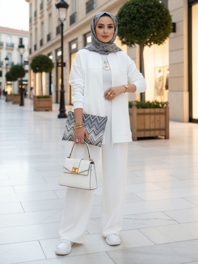 Premium Fermuarlı Basic İkili Takım TK2962 - Beyaz İnci