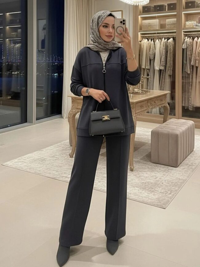 Premium Fermuarlı Basic İkili Takım TK2962 - Füme