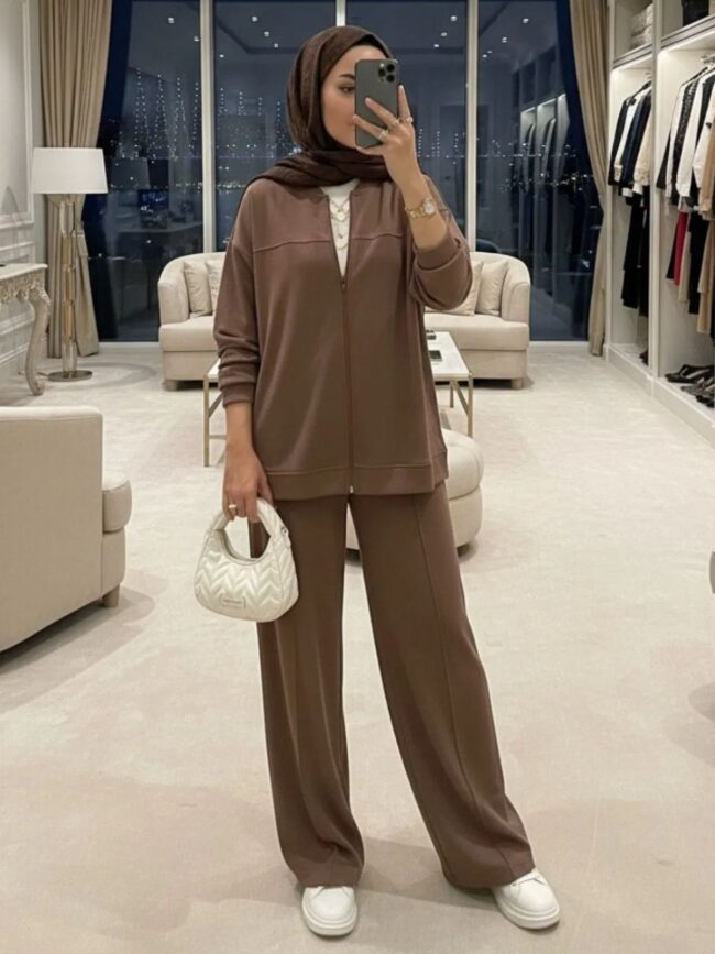 Premium Fermuarlı Basic İkili Takım TK2962 - Karamel