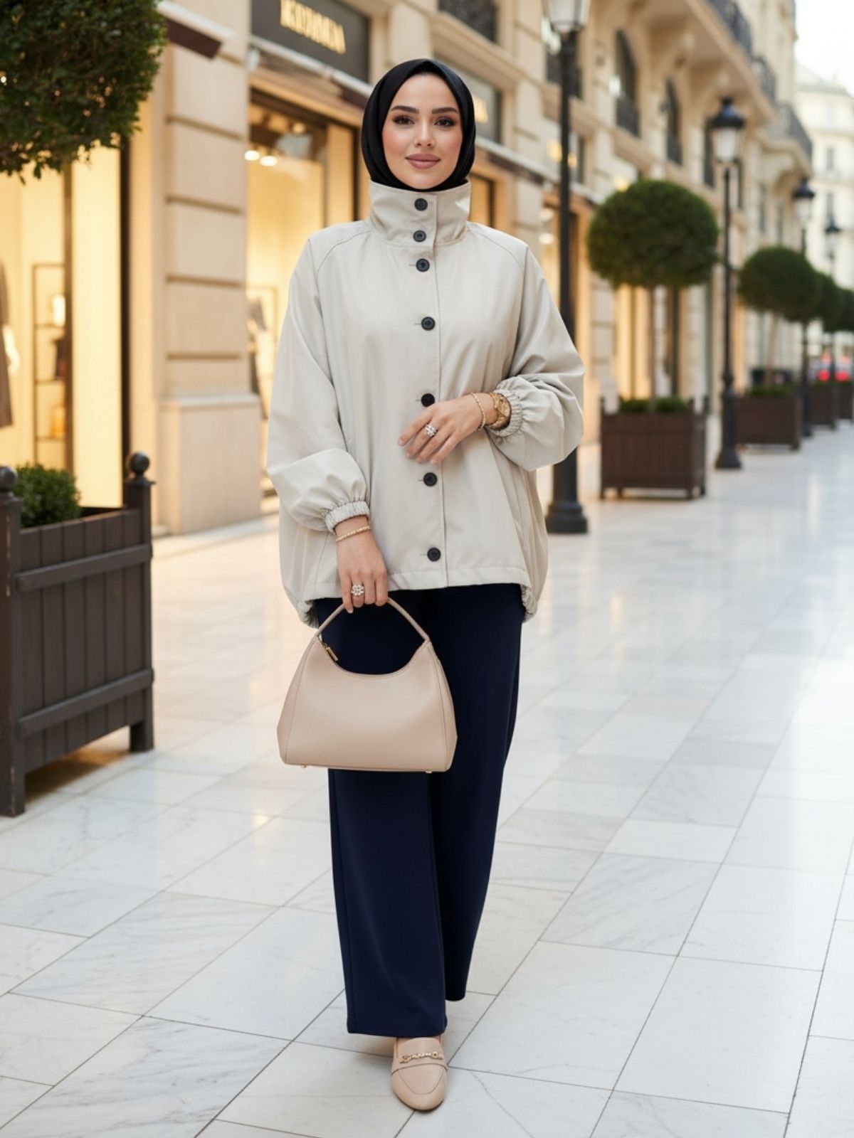 Zara Bomber Arka Detay Lastikli Trençkot  DŞ100449 - Taş