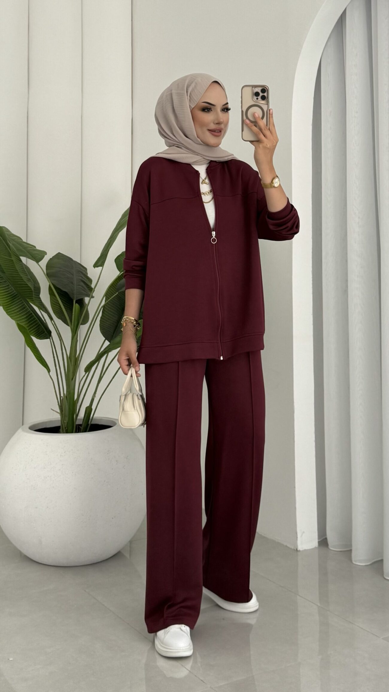 Premium Fermuarlı Basic İkili Takım TK2962  - Bordo