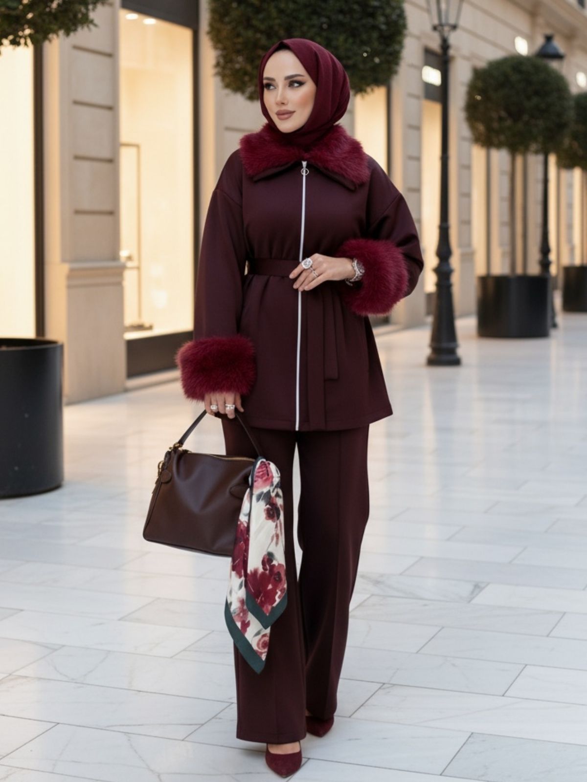 Kürklü Roliy Scuba İkili Takım TKM100451 – Bordo