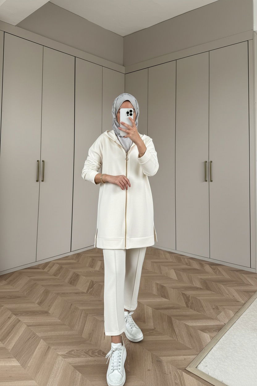 Premium Fermuar Detay Basic İkili Takım TK100430 – Beyaz