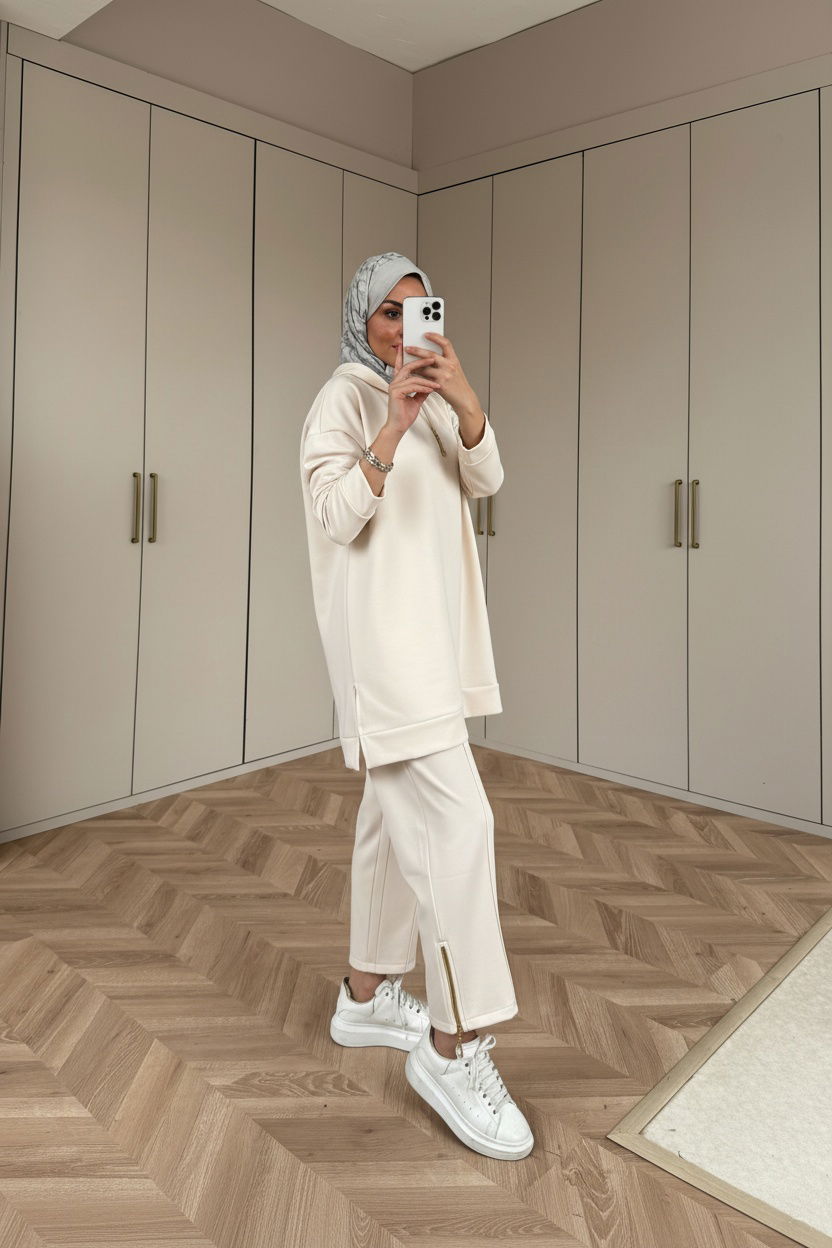 Premium Fermuar Detay Basic İkili Takım TK100430 – Beyaz - Görsel 2