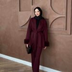 Kürk Kol Detaylı Pantolonlu Takım - Bordo